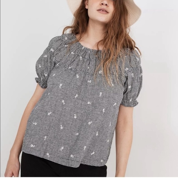 NWT Madewell Embroidered Gingham Shirred Puff Sleeve Top - Picture 2 of 7